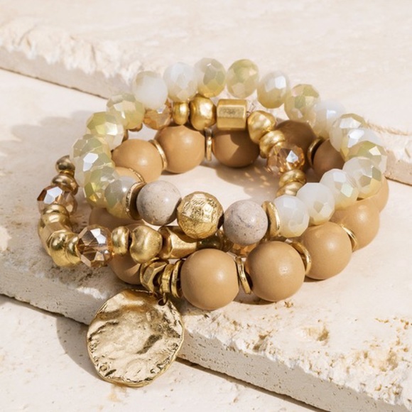 Jewelry - SOLD OUT Nude Gold Coin Mixed Bead Charm Stretch Triple Bracelet Set